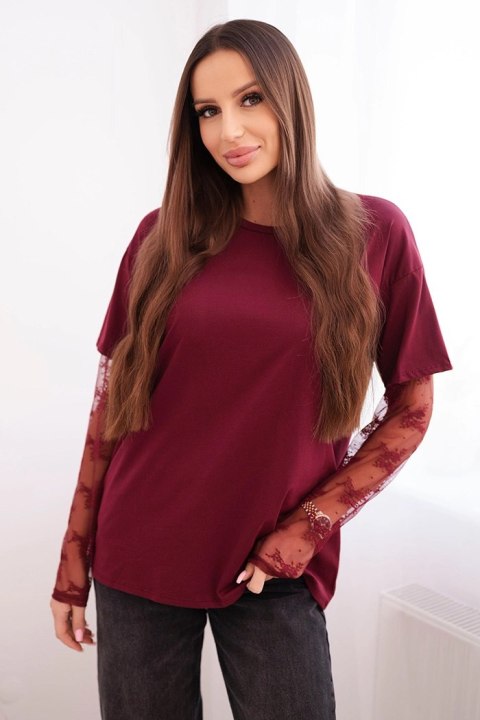Bluzka damska bawełniana z koronkowymi rękawami bordowa