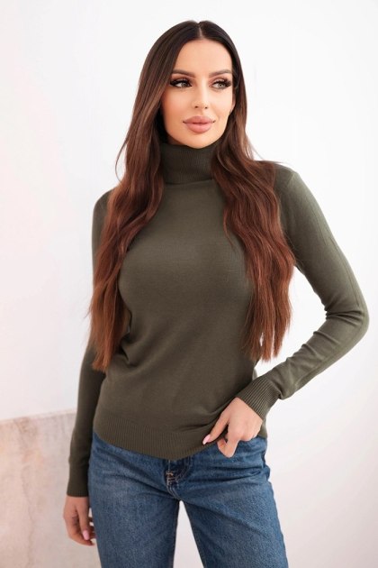 Sweter damski z wiskozy z golfem i długim rękawem khaki