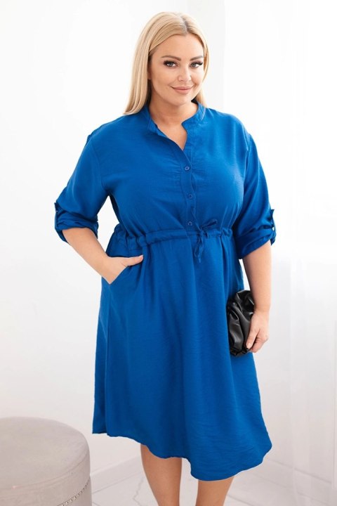 Sukienka damska z wiskozy Plus Size z guzikami i wiązaniem w talii chabrowa