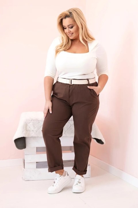 Spodnie damskie Punto Milano Winter Plus Size z paskiem brązowe