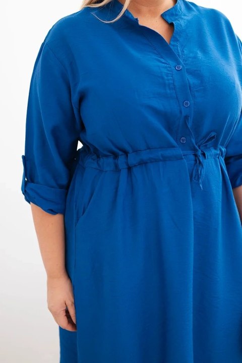 Sukienka damska z wiskozy Plus Size z guzikami i wiązaniem w talii chabrowa