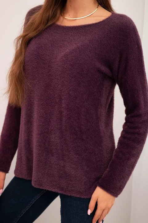 Sweter damski z miękkiej dzianiny z okrągłym dekoltem śliwkowy