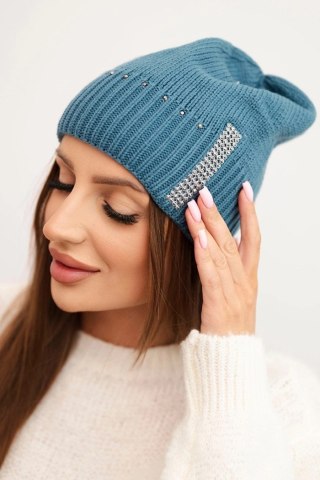Czapka damska zimowa wełniana z cyrkoniami K453 jeansowa