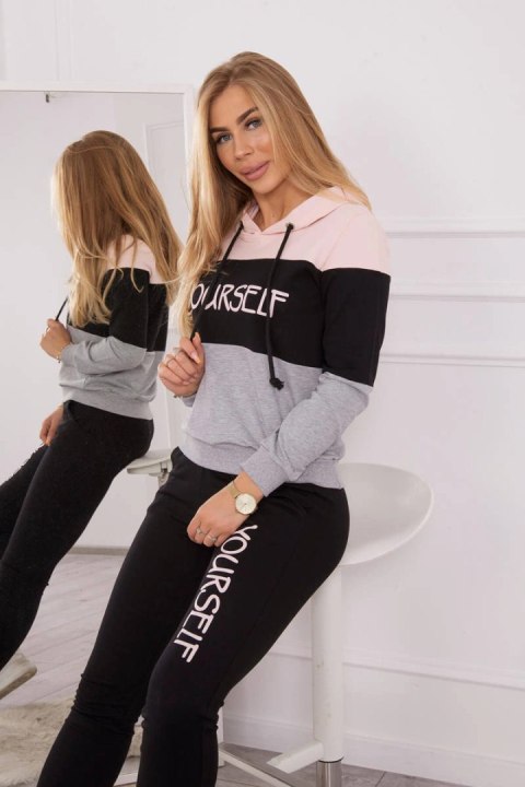 Komplet z nadrukiem Yourself pudrowy róż+czarny