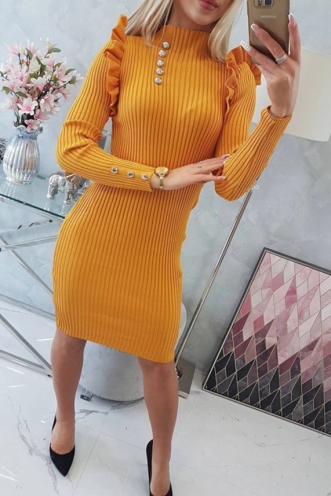 Sukienka swetrowa dopasowana z guzikami musztardowy
