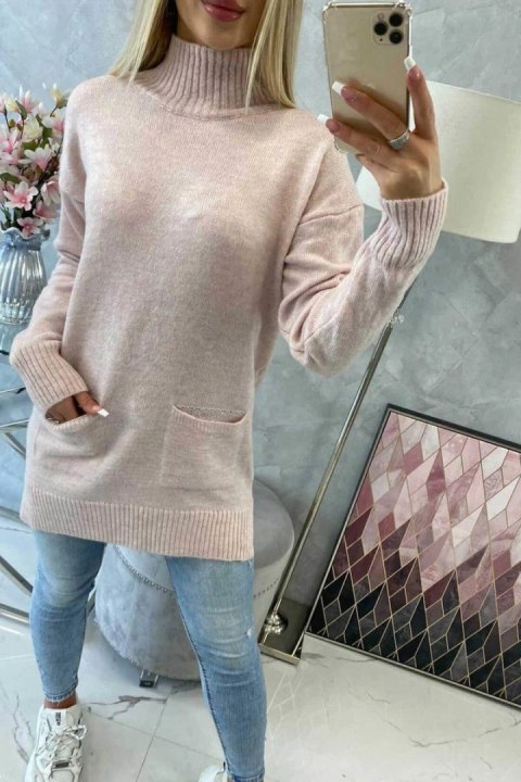 Sweter ze stójką jasno pudrowy róż