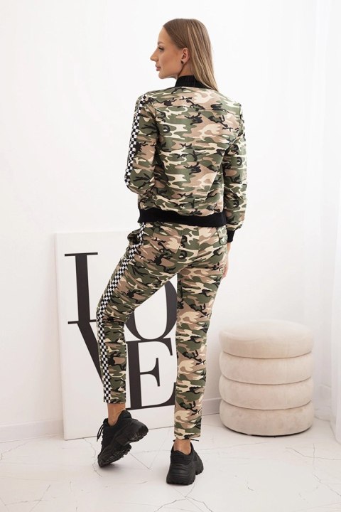 Komplet dresowy damski moro z bawełny z zamkiem i ściągaczami khaki+beżowy