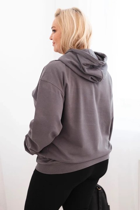 Bluza damska pętelkowa Plus Size bawełniana z kapturem i kieszenią kangurką grafitowa
