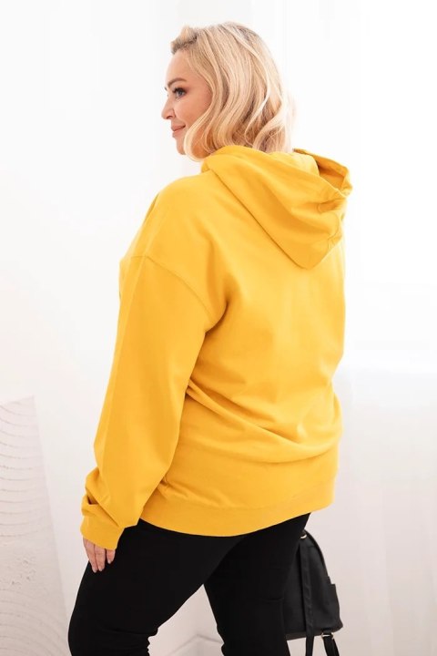 Bluza damska pętelkowa Plus Size bawełniana z kapturem i kieszenią kangurką musztardowa