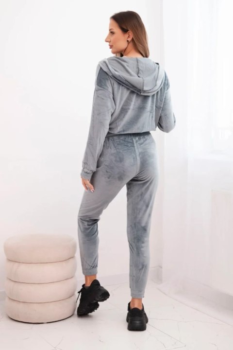 Komplet damski welurowy z bluzą na zamek i spodniami ze ściągaczem szary