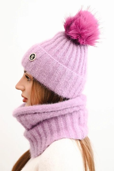 Komplet damski zimowy z pomponem i komin fioletowy