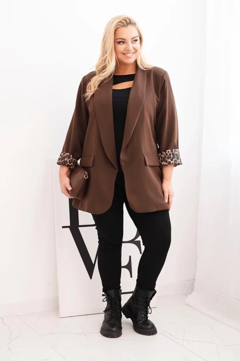 Brązowa marynarka damska Plus Size z podszewką w panterkę