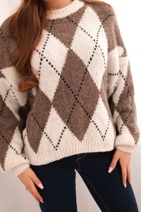 Sweter damski z wełną w romby z okrągłym dekoltem beżowy