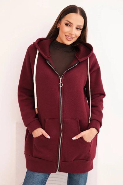 Bluza damska ocieplana bluza z kapturem i zamkiem bordowa
