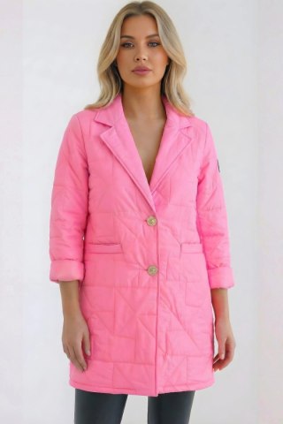 Kurtka damska Plus Size pikowana z ozdobnymi guzikami i kołnierzem jasno różowa
