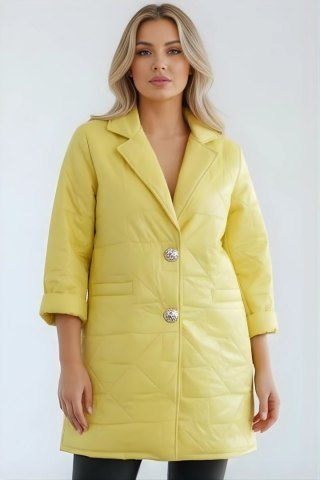 Kurtka damska Plus Size pikowana z ozdobnymi guzikami i kołnierzem żółta