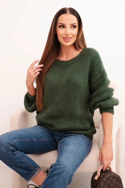 Sweter damski z wełną o grubym splocie i długim rękawem khaki
