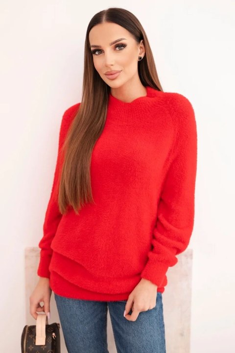 Sweter damski z wełną o miękkiej fakturze i długim rękawem czerwony