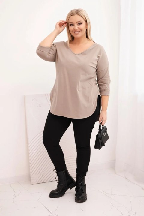 Bluzka damska bawełniana Plus Size z dekoltem V i podwijanym rękawem fango