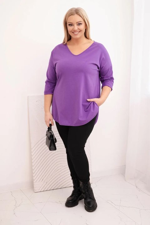 Bluzka damska bawełniana Plus Size z dekoltem V i podwijanym rękawem fioletowa
