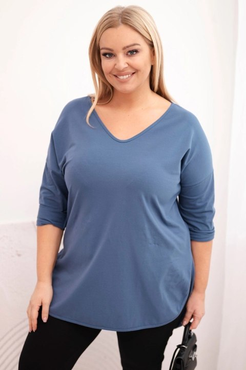 Bluzka damska bawełniana Plus Size z dekoltem V i podwijanym rękawem jeansowa