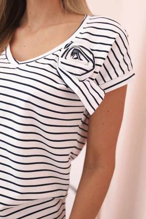 Bluzka damska bawełniana w paski z dekoltem V granatowy + biały