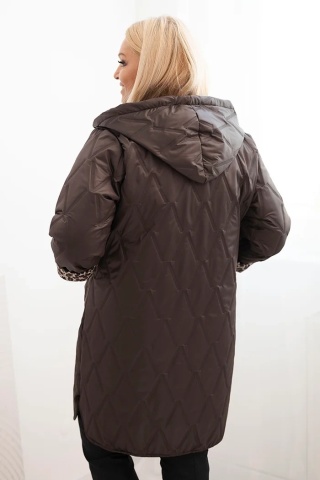 Kurtka damska przejściowa pikowana Plus Size z podszewką w panterkę i kapturem brązowa