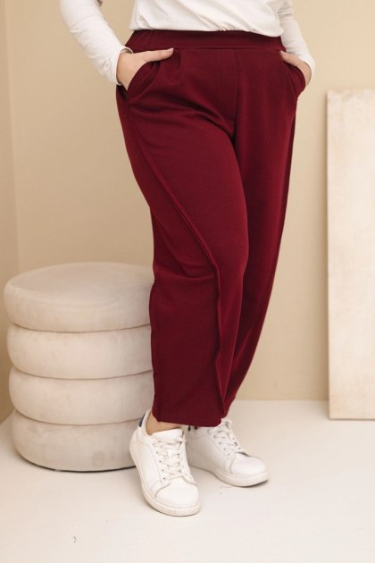 Spodnie damskie bawełniane Plus Size o luźnym kroju z wysokim stanem bordowe