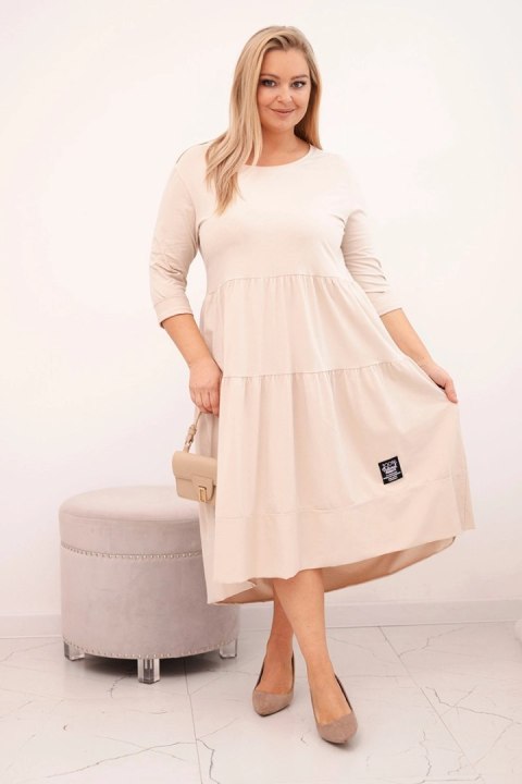 Sukienka damska bawełniana Plus Size z falbanami i podwiniętym rękawem beżowa