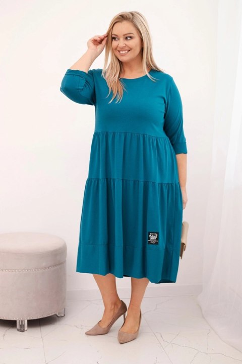 Sukienka damska bawełniana Plus Size z falbanami i podwiniętym rękawem morska