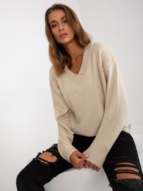 Beżowy Klasyczny Dzianinowy Sweter RUE PARIS