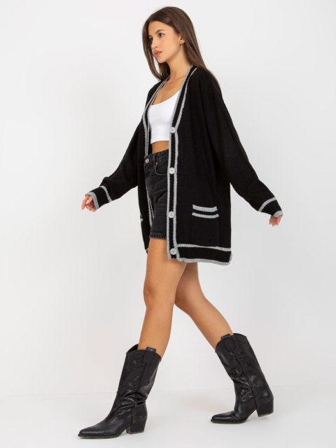 Dłuższy Sweter Rozpinany z Kieszeniami Czarny