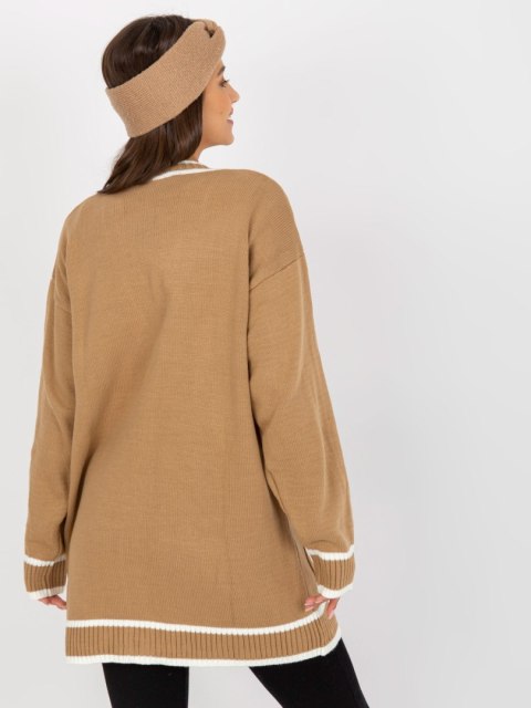 Dłuższy Sweter Rozpinany z Kieszeniami Ciemno Beżowy