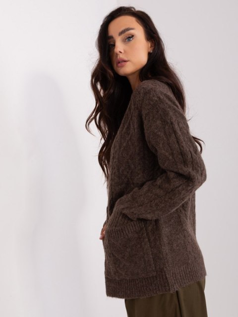 Rozpinany Sweter Damski w Warkoczowe Sploty Brązowy