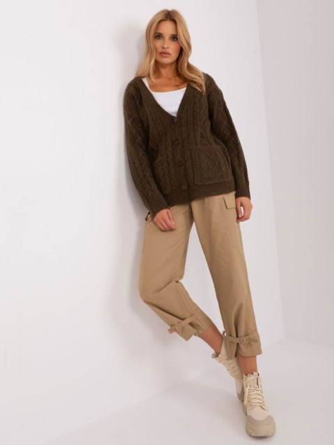 Rozpinany Sweter Damski w Warkoczowe Sploty Khaki