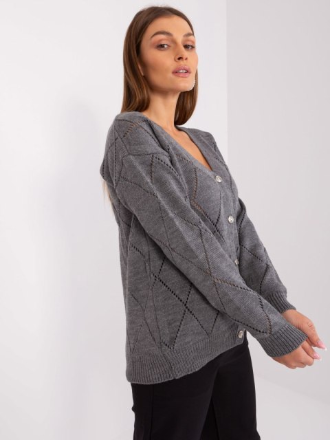 Szary Rozpinany Sweter Ażurowy z Wełną