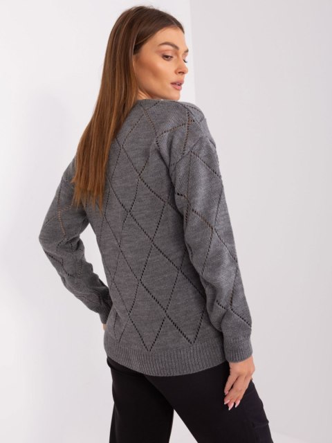 Szary Rozpinany Sweter Ażurowy z Wełną